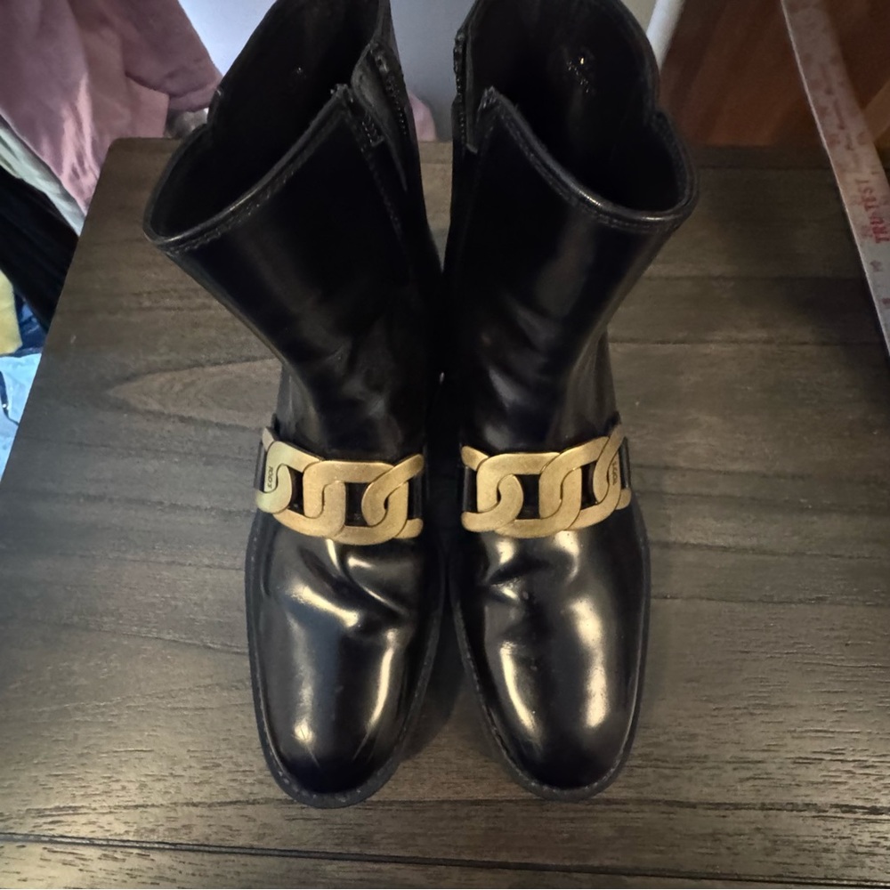 Black patent Leather Boots with Gold Chain Accent designer inspired